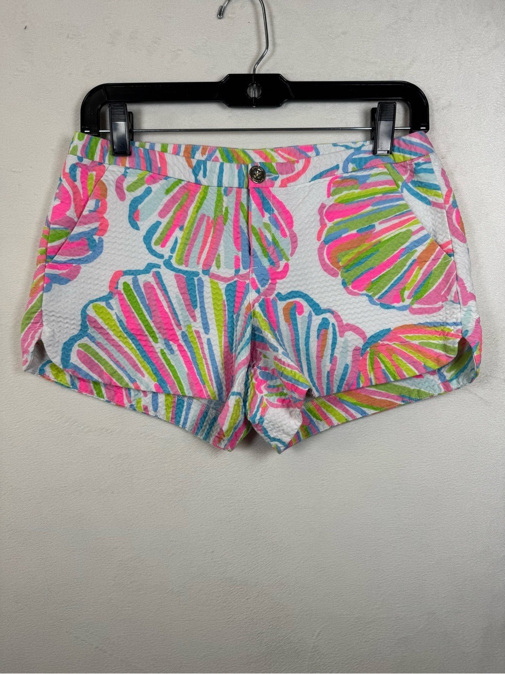 Lilly Pulitzer White High-Waist Shell-Print Shorts with Pink, Green & Blue